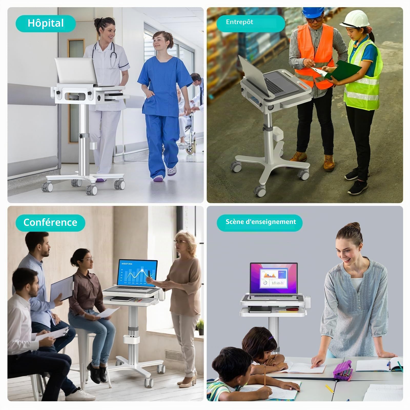 BEWISER Chariot médical mobile pour ordinateur portable avec support pour scanner buccal, bureau d'ordinateur réglable en hauteur pour clinique dentaire, soins infirmiers, station de travail PC