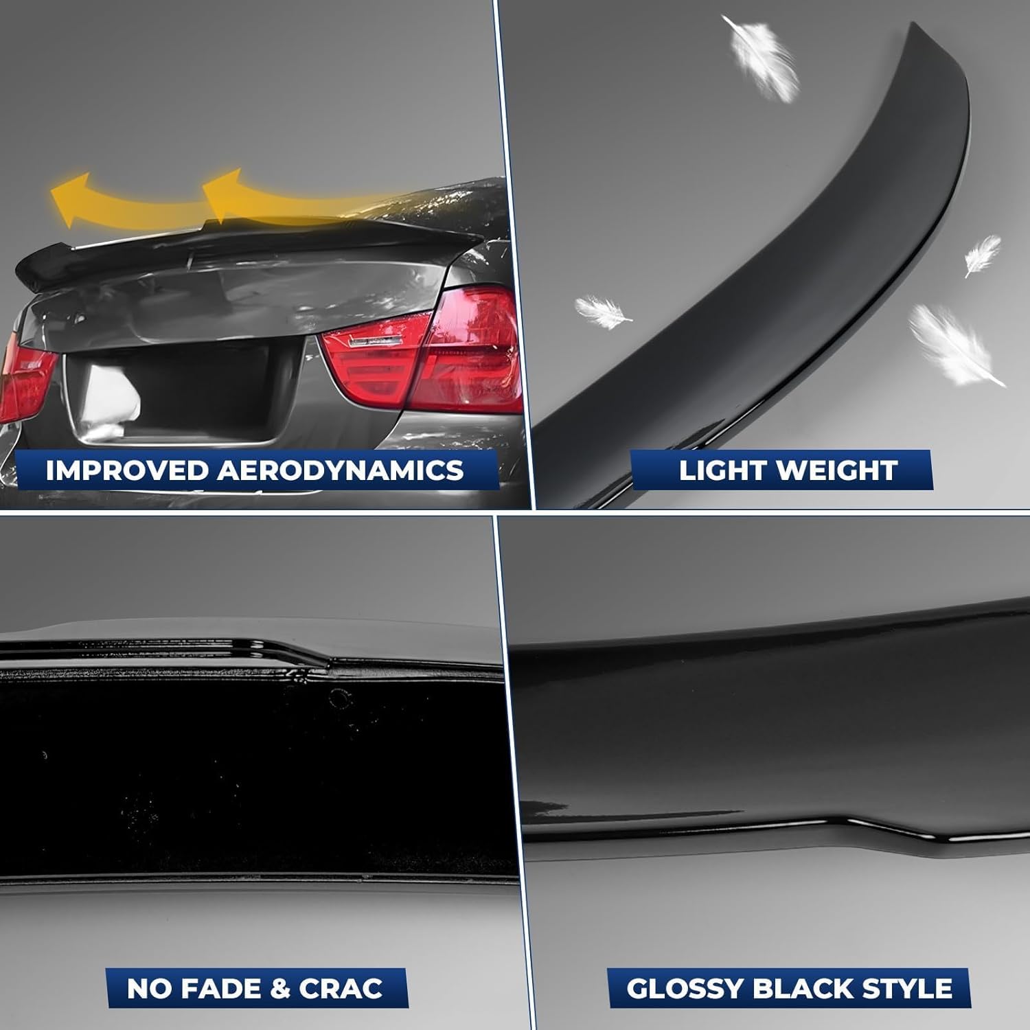 Rear Spoiler Fit for BMW 3-Series 2006-2011 E90 & 2008-2011 M3 Sedan, PSM Style Tail Trunk Lip Wing Sporty Appearance Glossy Black