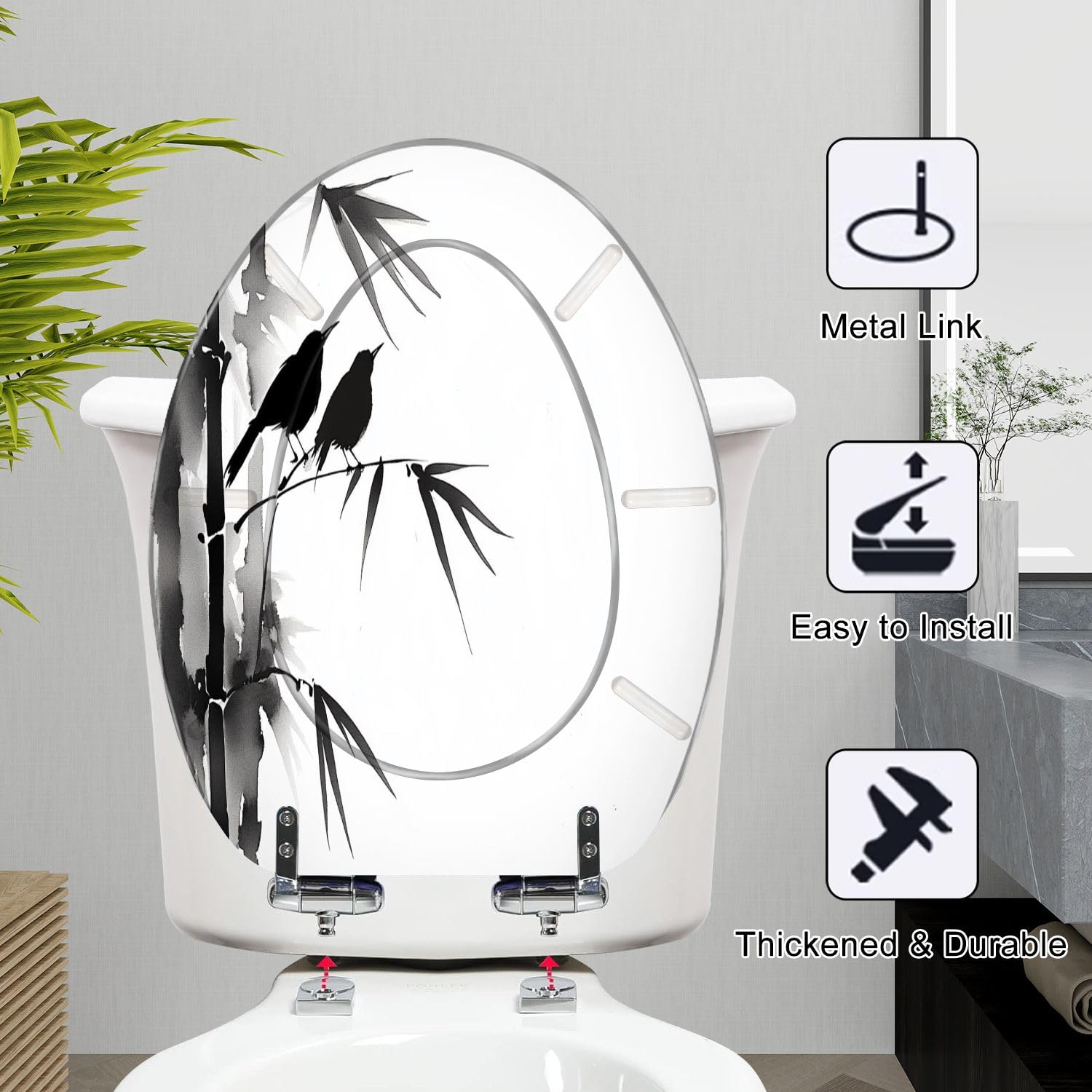 Sedile WC Allungato In Resina Effetto Bambù con Geroglifico E Hua E Due Merli, Chiusura Lenta E Silenziosa, Sgancio Rapido, Facile Da Pulire E Installare.