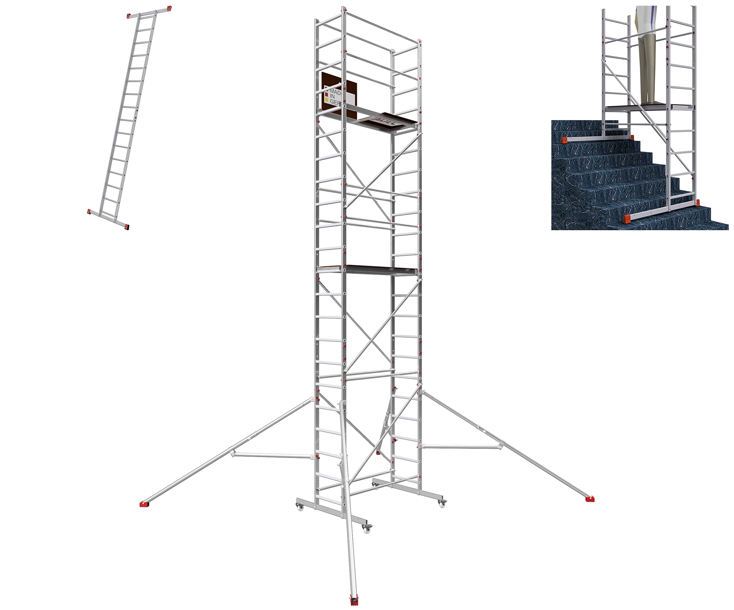 ALTEC AluCombine 4.0 - Échafaudage Mobile Aluminium avec 4 roulettes freinables et stabilisateurs - Échafaudage Roulant à marches, Montage Simple (7 m)