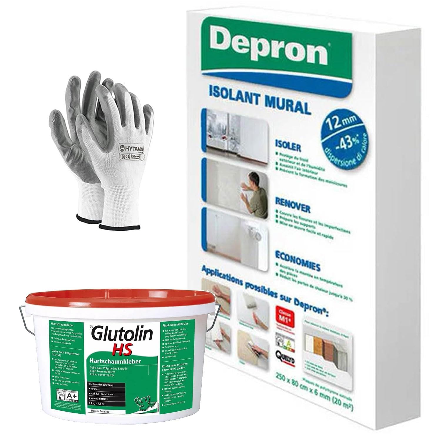 DEPRON Pannelli Isolanti 12 mm (125×80 cm) – Confezione 10 m² + Colla Glutolin 8 kg | Isolamento Termico e Acustico per Pareti e Soffitti | 1 paio di guanti in nitrile HYTAMA TOOLS