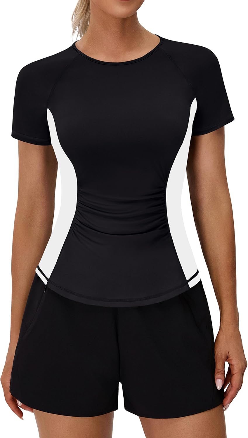 BMJL Womens Workout Tops Athletic Short Sleeve T Shirt Color Block Running Shirts Gym Clothes Summer Outfits Blouses