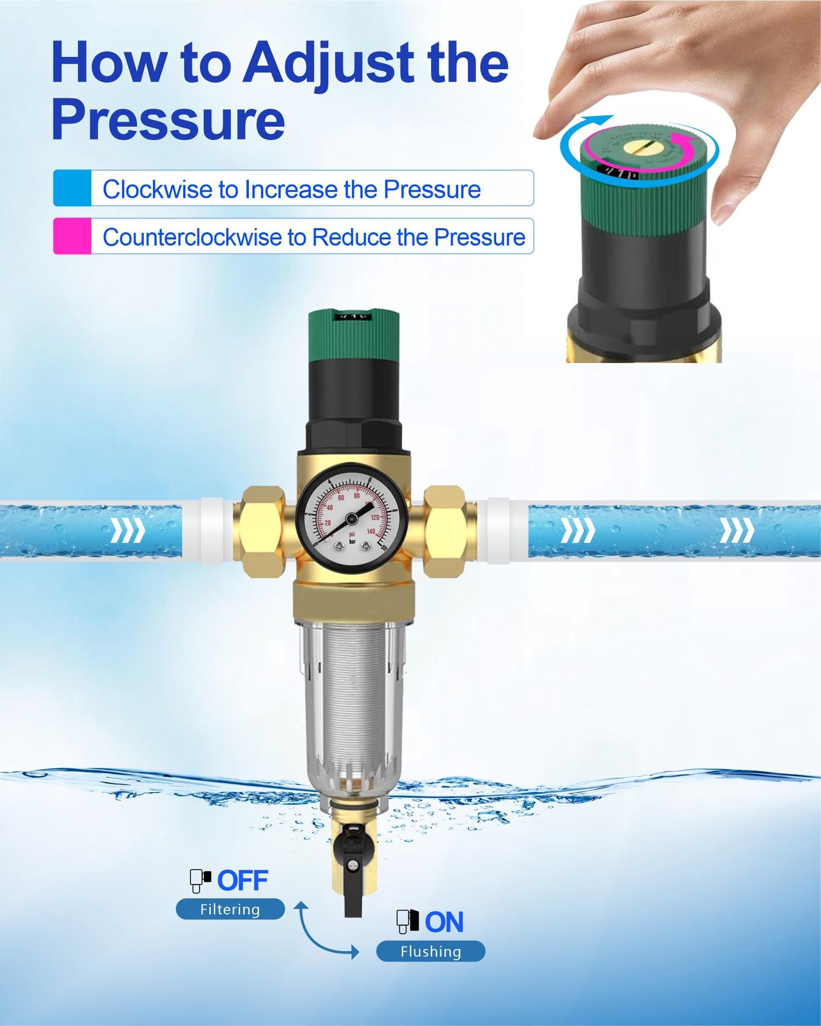 Riduttore di Pressione Acqua 3/4,Regolatore Di Pressione Acqua Con Manometro Acqua E Filtro A Rete, Ottone, per Residenze, Edifici e Fabbriche