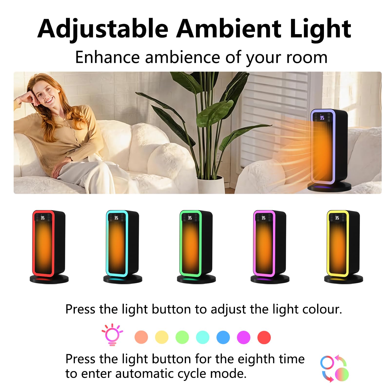 Calefactor Bajo Consumo, 1500W PTC Ceramico Radiador Electrico Portátil con Termostato, Remoto, Oscilación 70°, Temporizador 12H, Protección Contra Sobrecalentamiento y Vuelco, Dormitorio