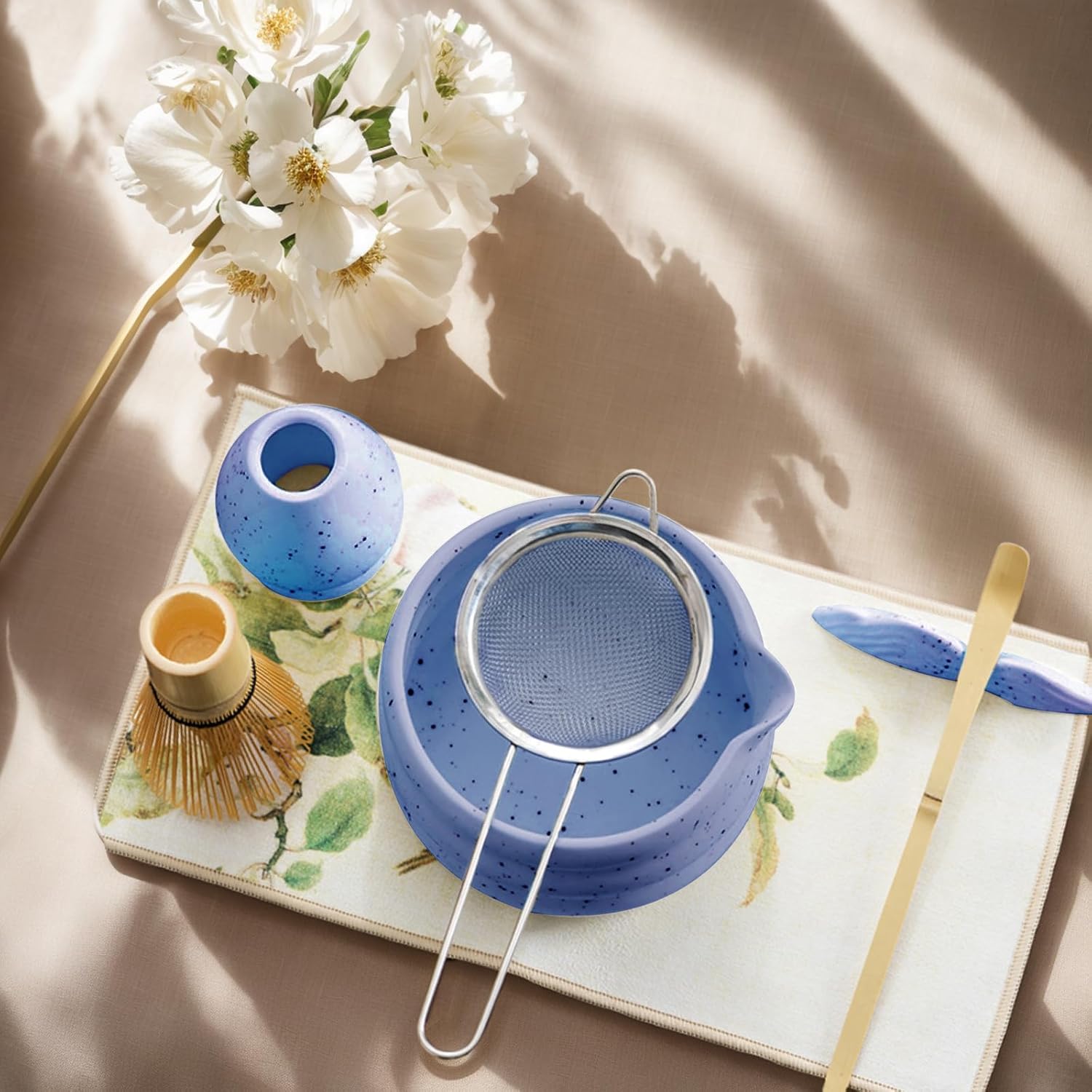 7-Piece Matcha Tea Set Kit with Whisk Chasen,Bowl Chawan,Scoop,Sifter,Holder & Towel-Complete Ceramic Set for Tea Lovers & Enthusiasts