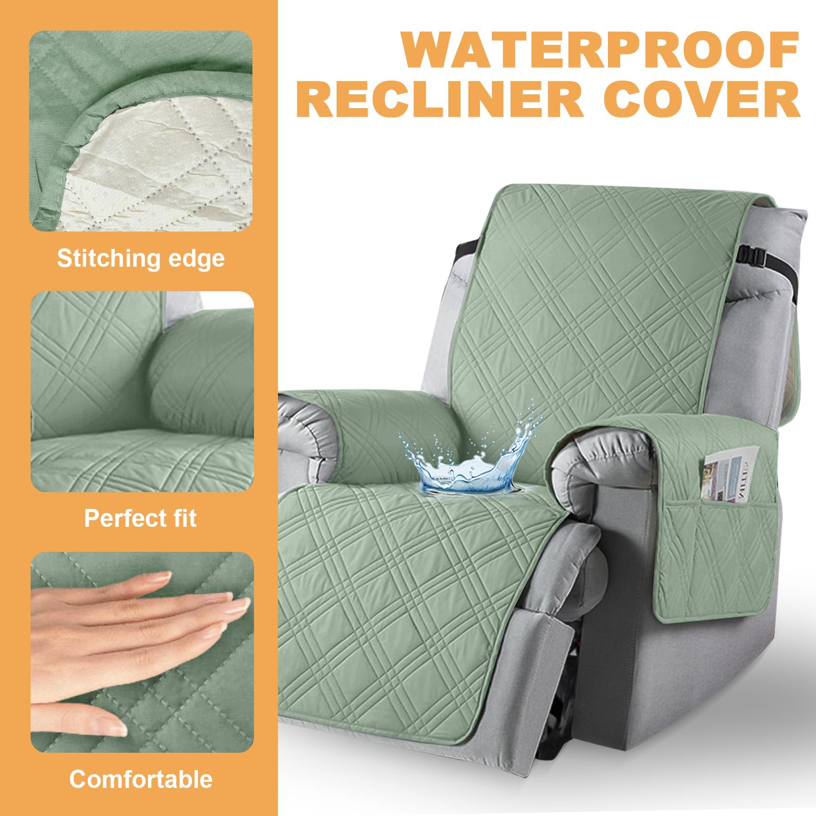 Copripoltrona 1 Posto Relax Reclinabile Impermeabile con Tasche,Antigraffio, Antimacchia, Antiscivolo, Materiali Spazzolati con Elastico Regolabile per Sedie a Sdraio