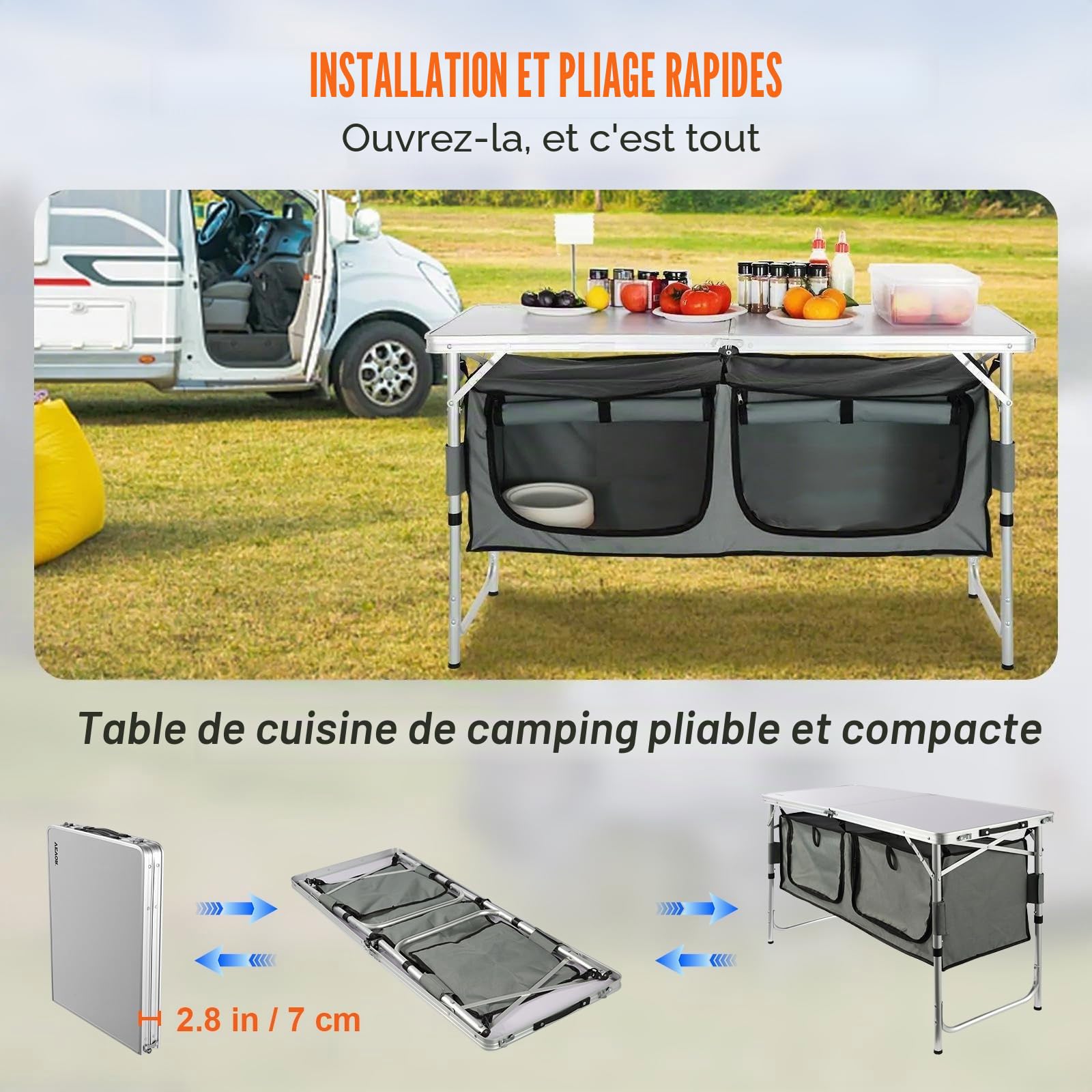 VEVOR Cuisine de Camping 120x47x70 cm Armoire de Camping Pliable Structure en Alu Grand Comptoir Meuble de Cuisine Hauteur Réglable 2 Compartiments avec Poignée de Transport BBQ Pique-Nique Jardin