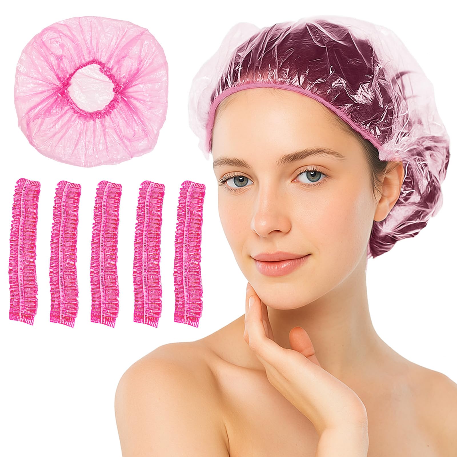 100Pcs Shower Caps Disposable, Disposable Shower Caps for Women, Large Thick Waterproof Shower Cap, Plastic Elastic Hair Bath Caps for Hair Treatment for Salon, Spa, Travel, Home Use, Hotel (Pink)