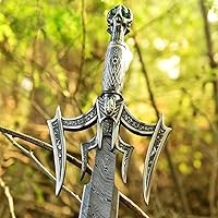 Vista 7 de Qepaa Crafts® Espada de acero damasquino hecha a mano estilo vikingo real Hoja de filo completo con mango de madera y vaina Réplica medieval
