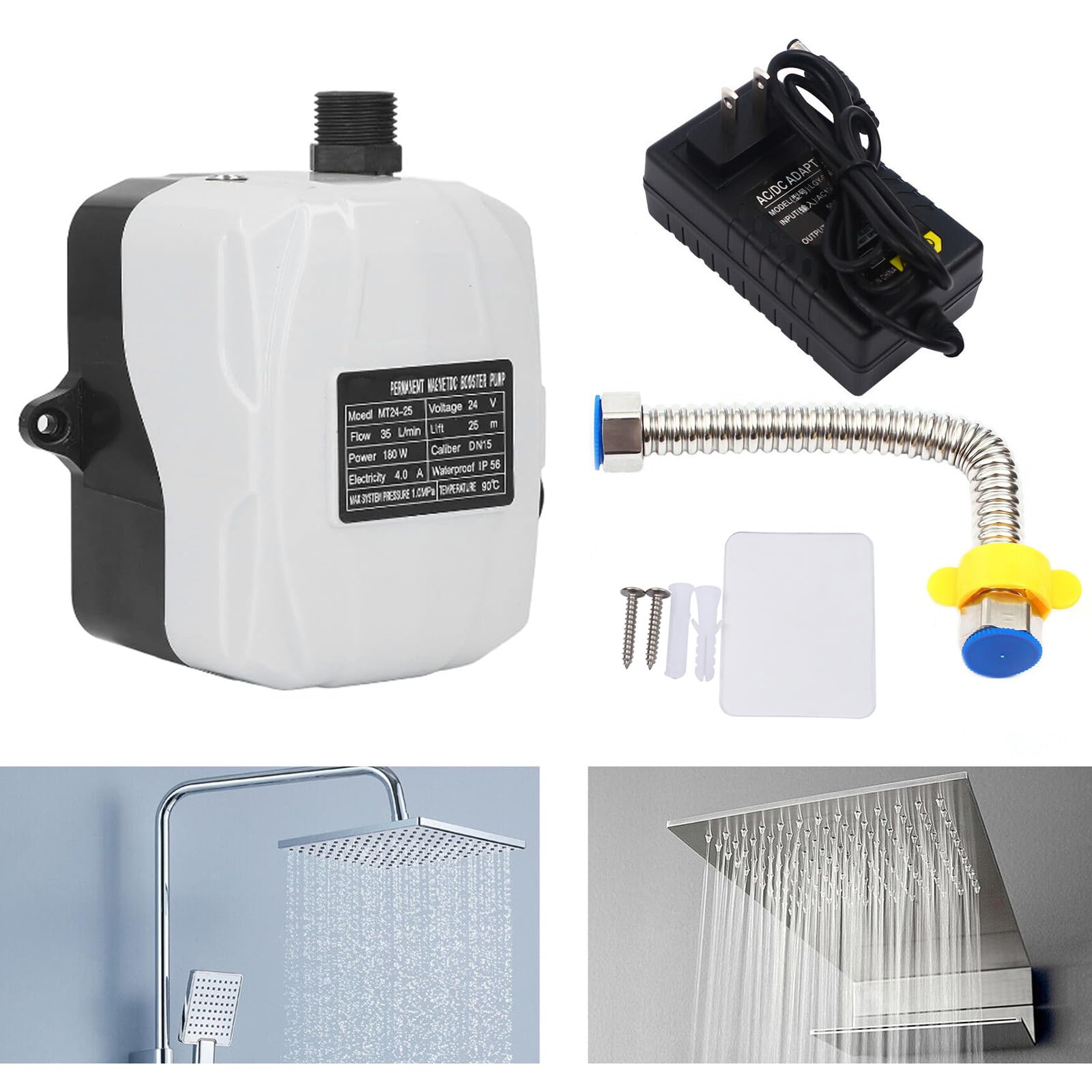 Bomba Elevadora de Presión, 180W DC 24V DN15 1/2" Bomba Elevadora Automática de Bajo Ruido IP56 Bomba Impermeable de Alta Presión para Fregadero de Cocina Ducha Grifo de Jardín, Enchufe de la UE
