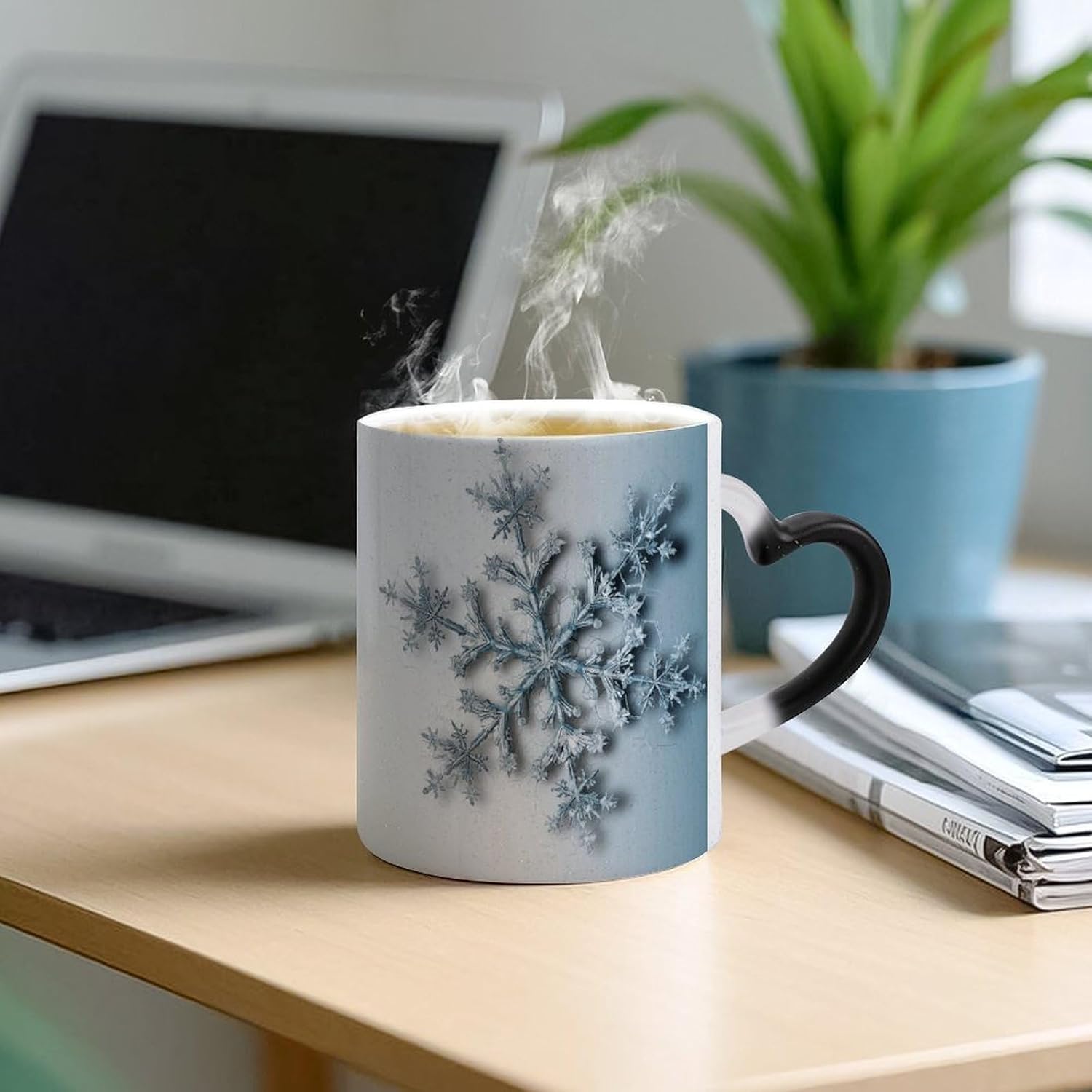 Transparent Snowflake Color Changing Mug Heart-Shaped Handle Mugs Fashionable Tea Cup Coffee Cup Popular Tumbler And Cups For Office Workers Mug & Unique Gift Giving Teacup image 5