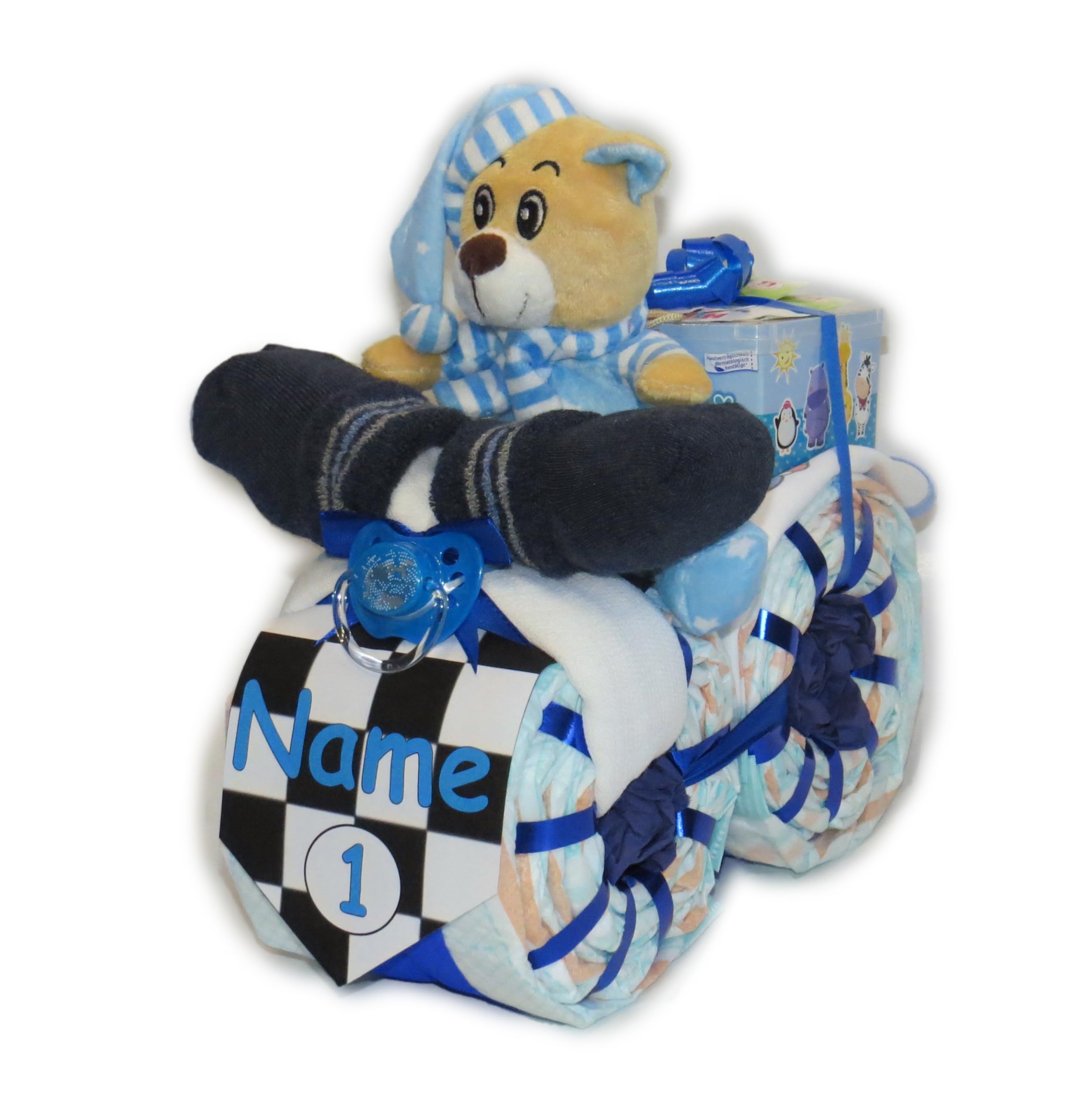 Windeltorte | Windelmotorrad Motiv Rallye mit Schlafbär blau | Windelgeschenk für einen Jungen
