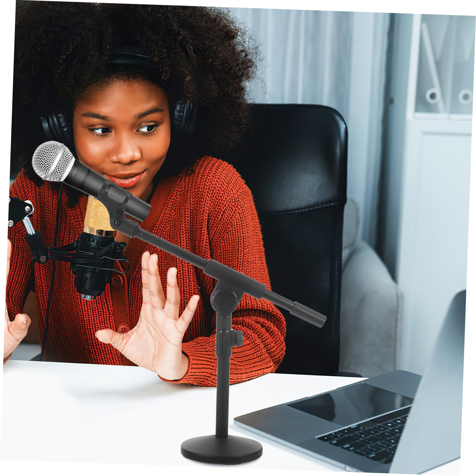 Mikinona Supporto Compatto e Facile da Usare per Microfono da Tavolo in Ferro Nero e Braccio Regolabile con Base Rotonda Pesante per Podcast e Videoconferenze