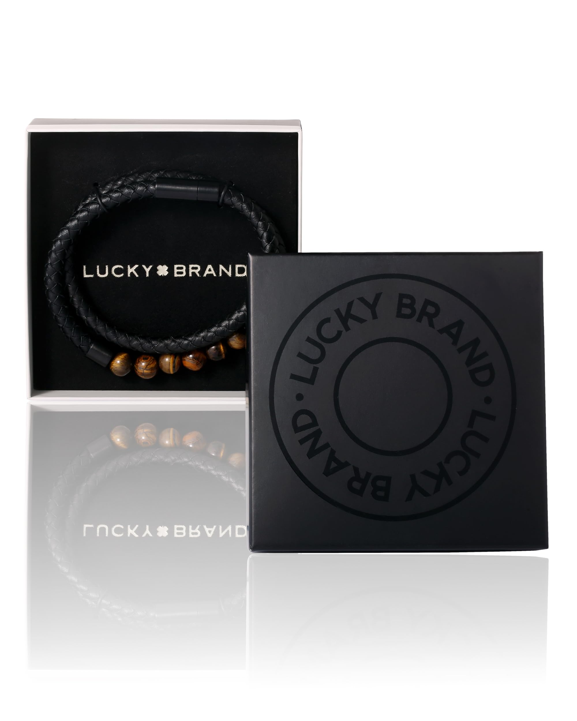 SALLY ROSE Lucky Brand Braided Cord Men's Bracelet with Tiger's Eye Beads, Stainless Steel Hardware