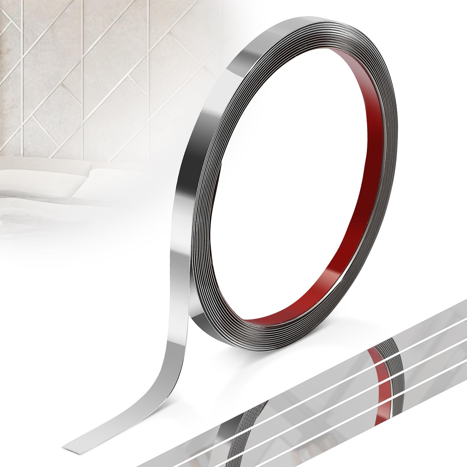 EFUTURETIME Modanatura Autoadesiva in Acciaio Inox, 1cmx5m, Modanatura Flessibile Metallizzata con Effetto Specchio per la Decorazione di Mobili, Bordi a Specchio, Pareti, Porte, Soffitti, Argento