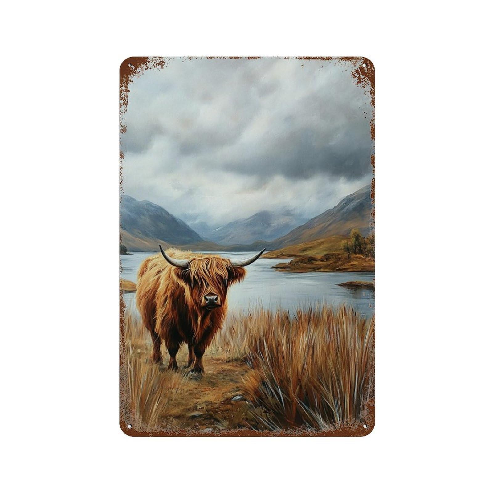 Scottish Highland Cow Landscape Decorative Tin Sign 11.8"x7.9", Retro Wall Decor for Living Room, Hallway And Home Decor