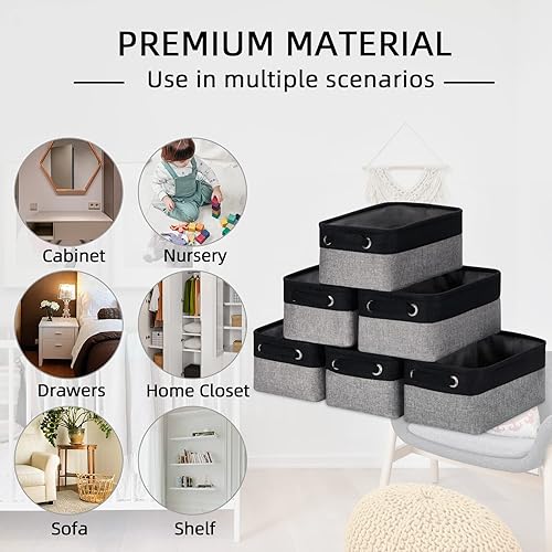 Vista 181 de HNZIGE - Canastas pequeñas de tela para organización (paquete de 6) canastas plegables de almacenamiento para estantes, armarios, lavandería, Asas