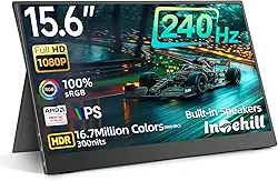 Intehill Monitor portátil de 240 Hz, monitor de jogos portátil IPS LCD 15.6 de grau A+, AMD FreeSync, resposta de 2 ms, monitor FHD 1080p sRGB 100% HDR portátil, corpo de alumínio, USB-C duplo e mini