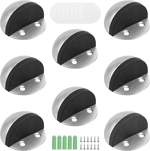 MAHIONG Paquete de 8 topes de puerta de piso adhesivo de acero inoxidable cepillado montaje en el suelo con parachoques de goma protector de pared