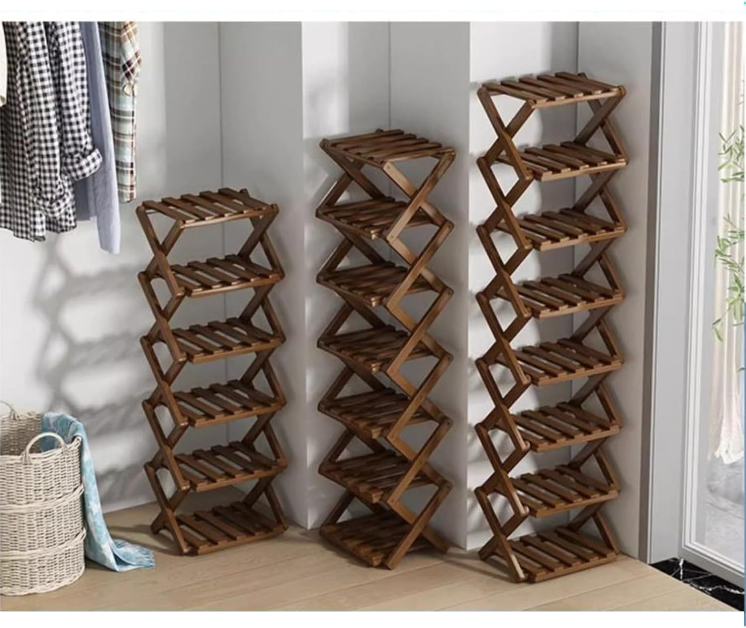9-Tier Bamboo Shoe Rack No Assembly Required-Foldable Vertical Shoe Organizer for Entryway & Closets,Space-Saving Narrow Shoe Shelf Holds 14-18 Pairs,Tall Wooden Shoe Tower for Small Spaces (9Tier,A)