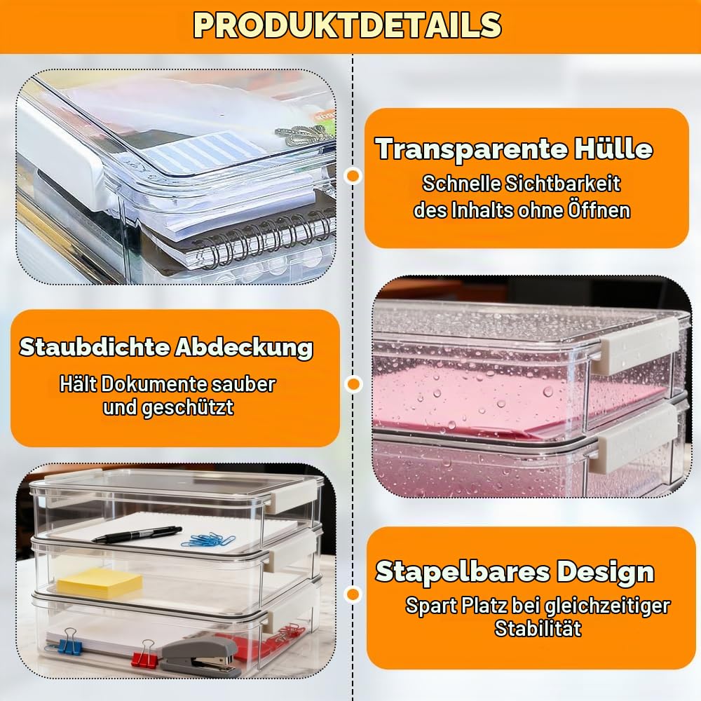 4 Pack Schreibtisch Organizer Dokumentenbox A4 Aufbewahrungsbox mit Deckel 34,5x23,5x6,5cm Tragbares Klick-Design Papieraufbewahrung stapelbare Stiftebox Plastikbox für A4 Papier Organisation
