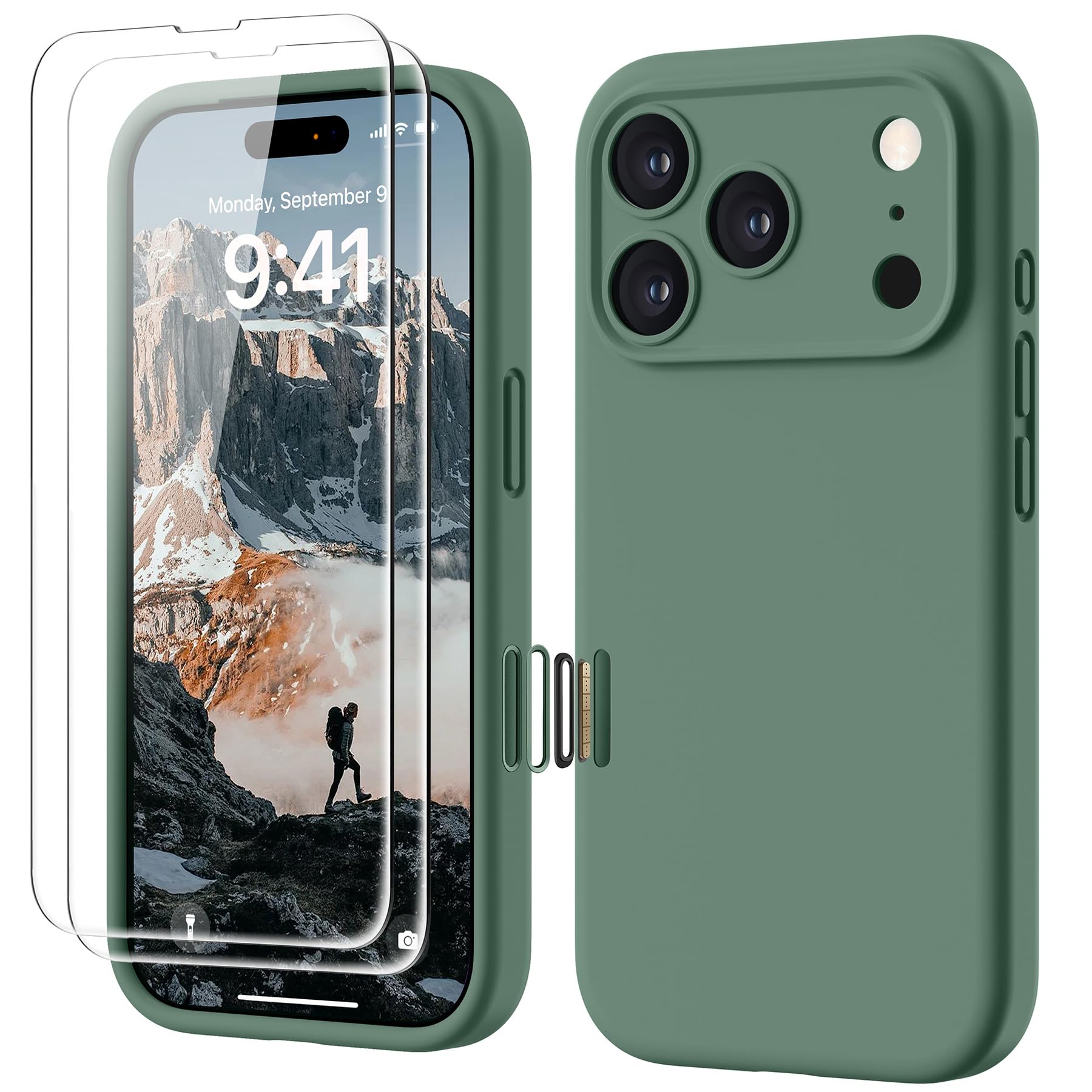 GOODVISH Silicone Cover per iPhone 17 Pro 6.3", Custodia con 2x Vetro Temperato [Pulsante Controllo Fotocamera] 360° Protezione Anticaduta Case per Cellulare Antiurto Resistente, Verde Pino