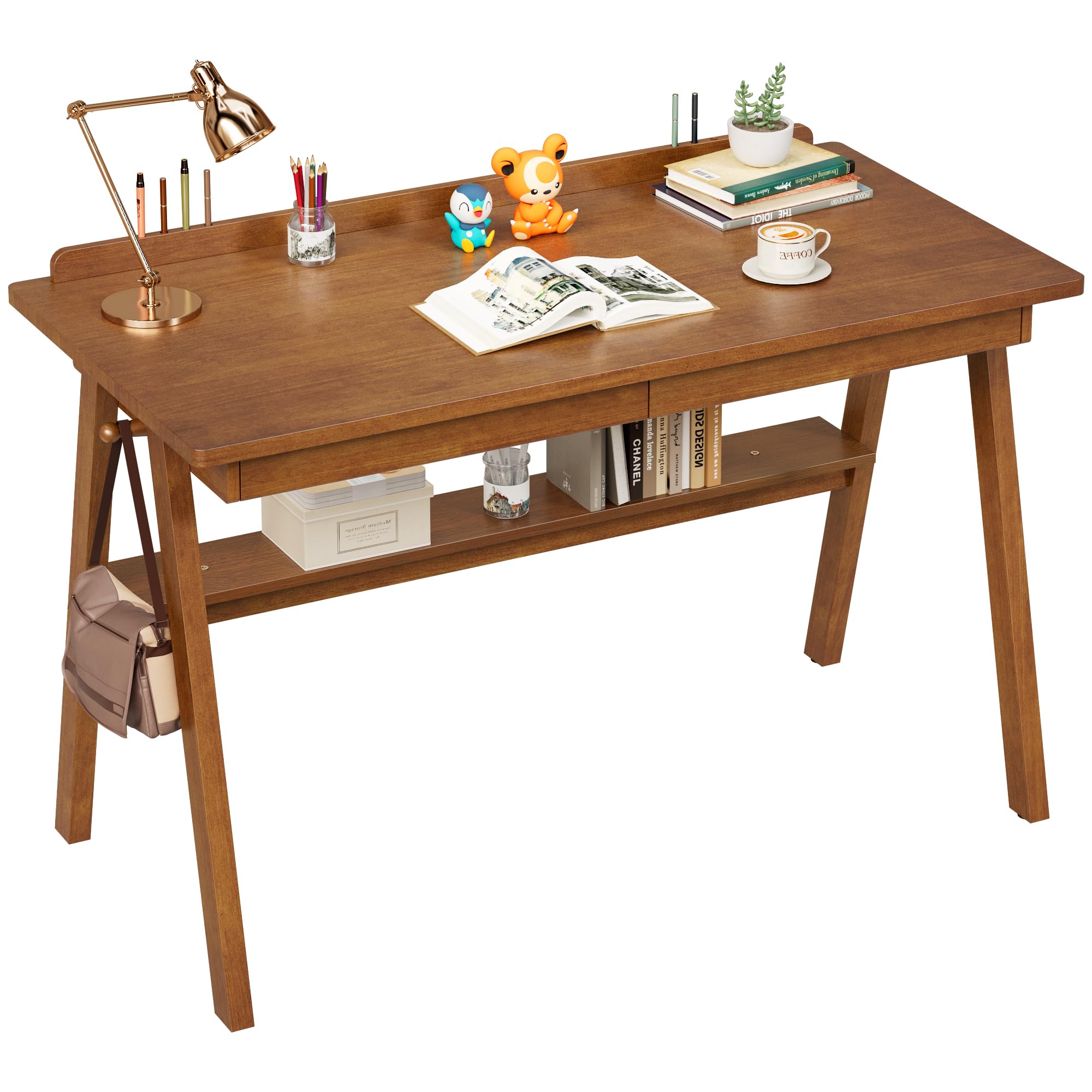 ENPKLUTE 100% Solid Wood Desk with Drawers & Storage Shelf - 48 x 24 Inch Mid Century Modern Desks, Vintage Writing Desk with Deeper Desktop, Home