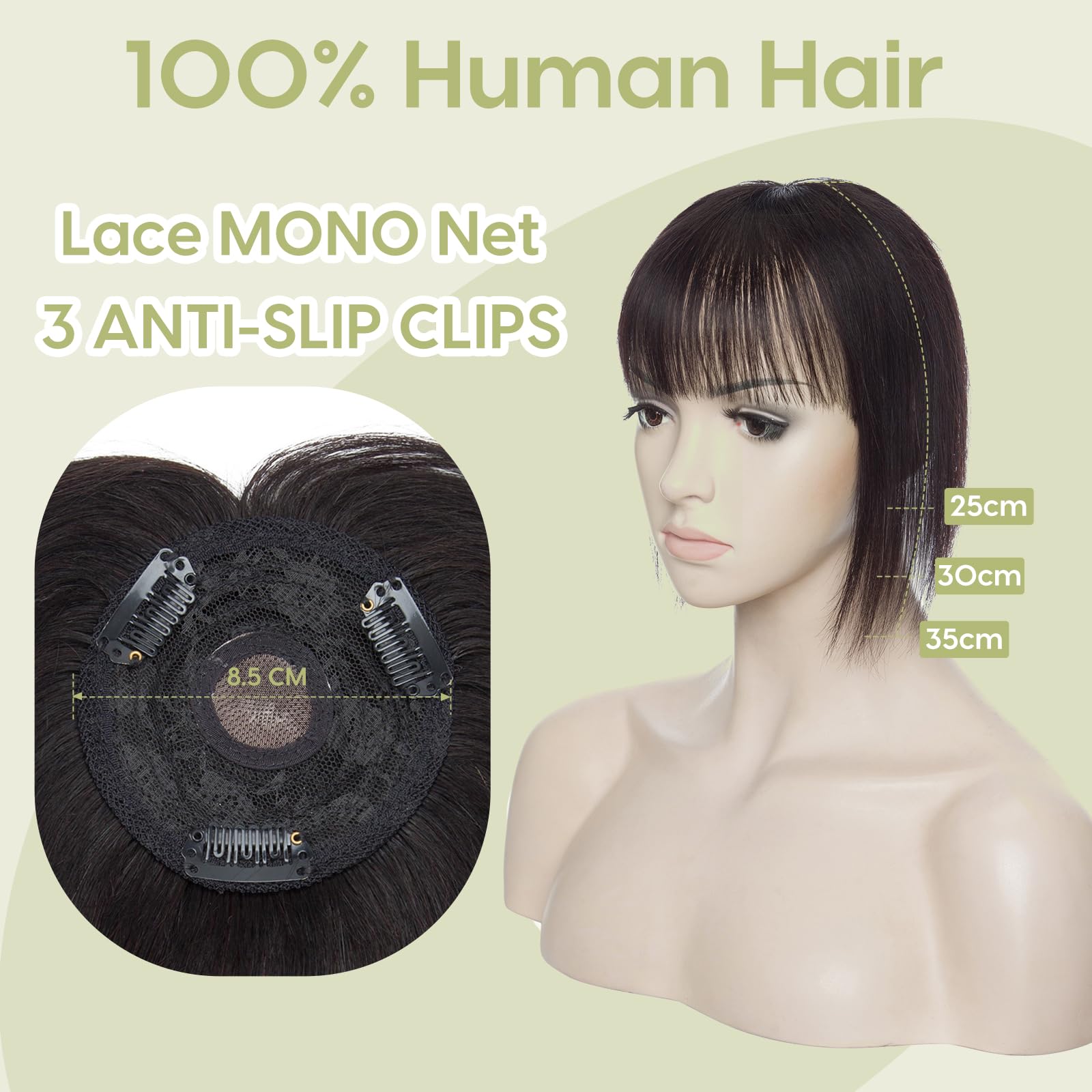 S-noilite Topper für Frauen Echthaar mit Pony 150% Dichte Toupet Haarteil Echthaar Damen Haarverdichtung für Dünnes Haar Mono Basis Haarverlängerung 50cm - 47g #1B Natürliches Schwarz