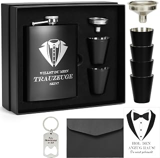 Flachmann mit Gravur 8oz Edelstahl Geschenkset für Trauzeuge und Trauzeugin, Geschenkbox mit Bechern und Trichter, Personalisiertes Hochzeitsgeschenk für Männer und Frauen