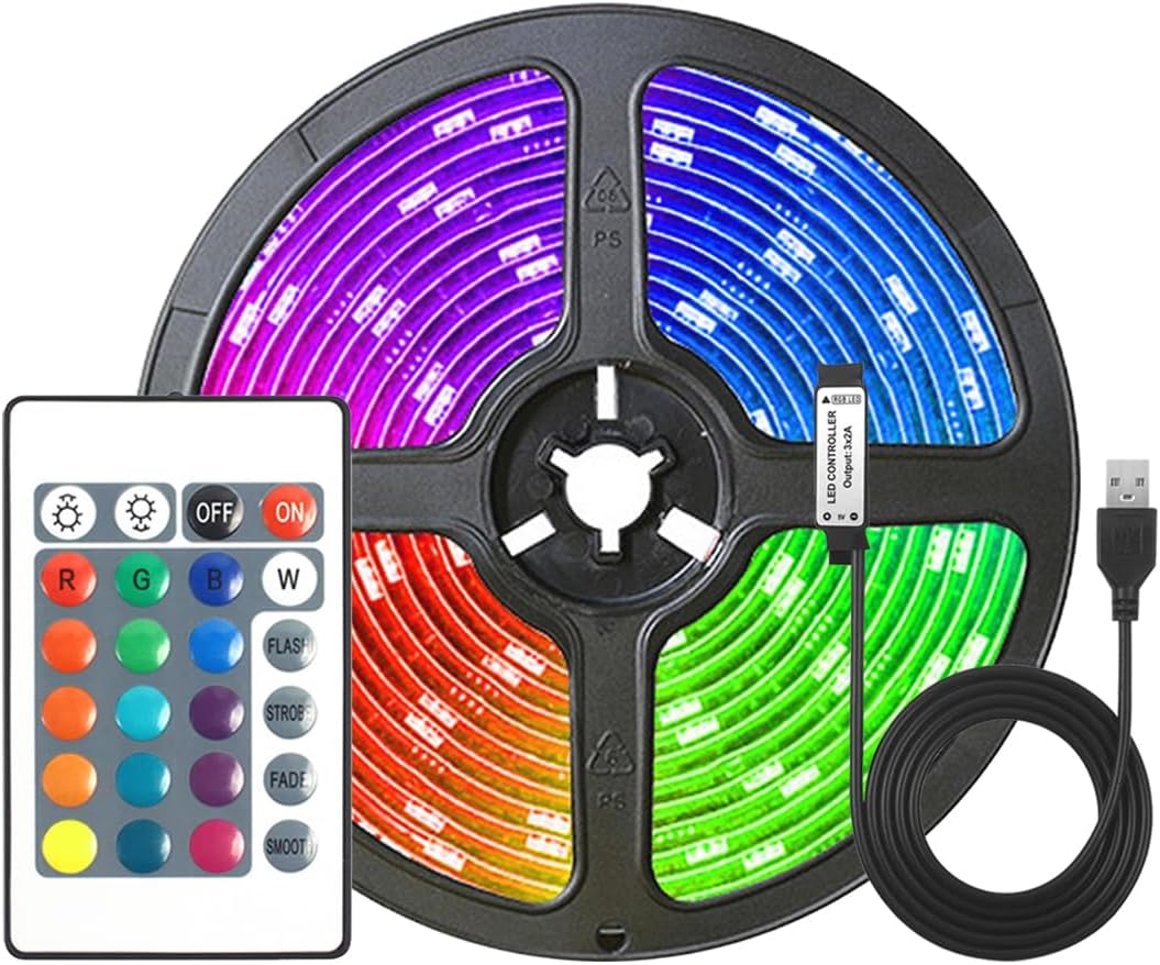 USB LED Strip Lights, 16 Colour Variations, 24 Keys Remote, Self-Adhesive, Indoor (2 M)