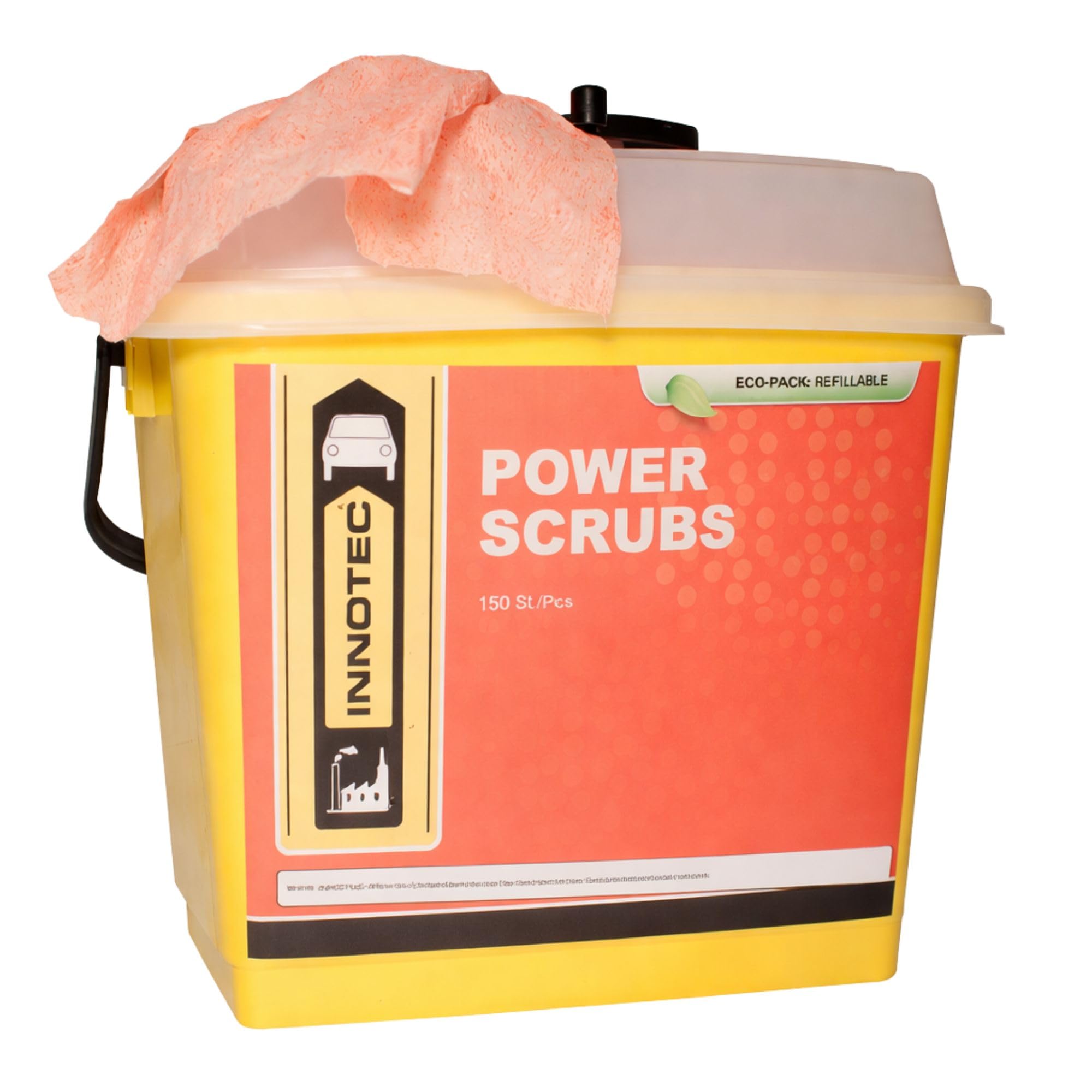 INNOTEC Power Scrubs Box mit 150 Stück – leistungsstarke Reinigungstücher für verschmutzte Hände & Oberflächen – entfernen Fett, Farbe, Kleber, Ruß – ideal für Werkstatt, Industrie & Handwerk