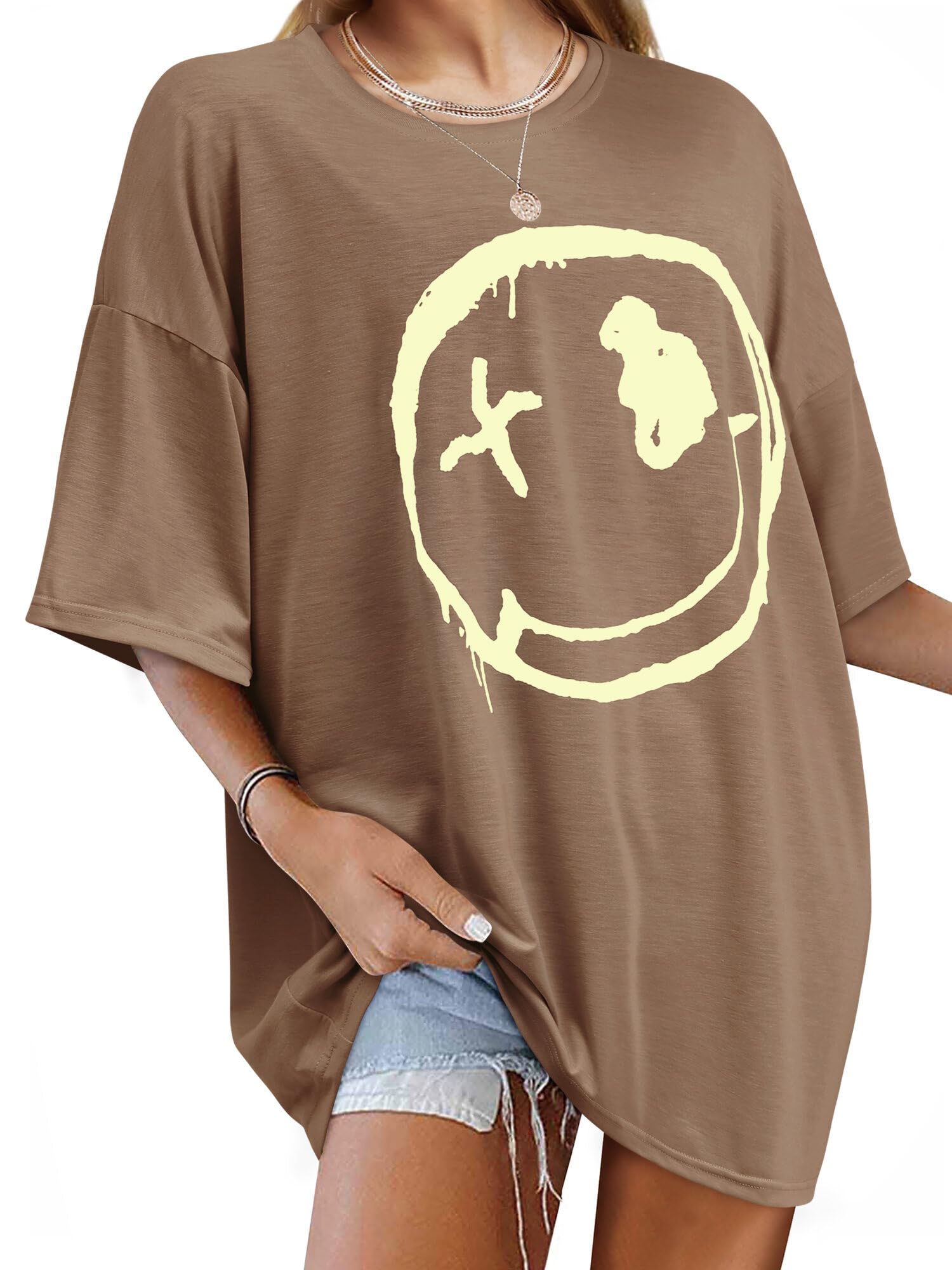 EzcosplayWomen Oversized T Shirt Drop Shoulder Cute Graphic Tees Half Sleeve Loose Preppy Y2K Tops Casual Shirt