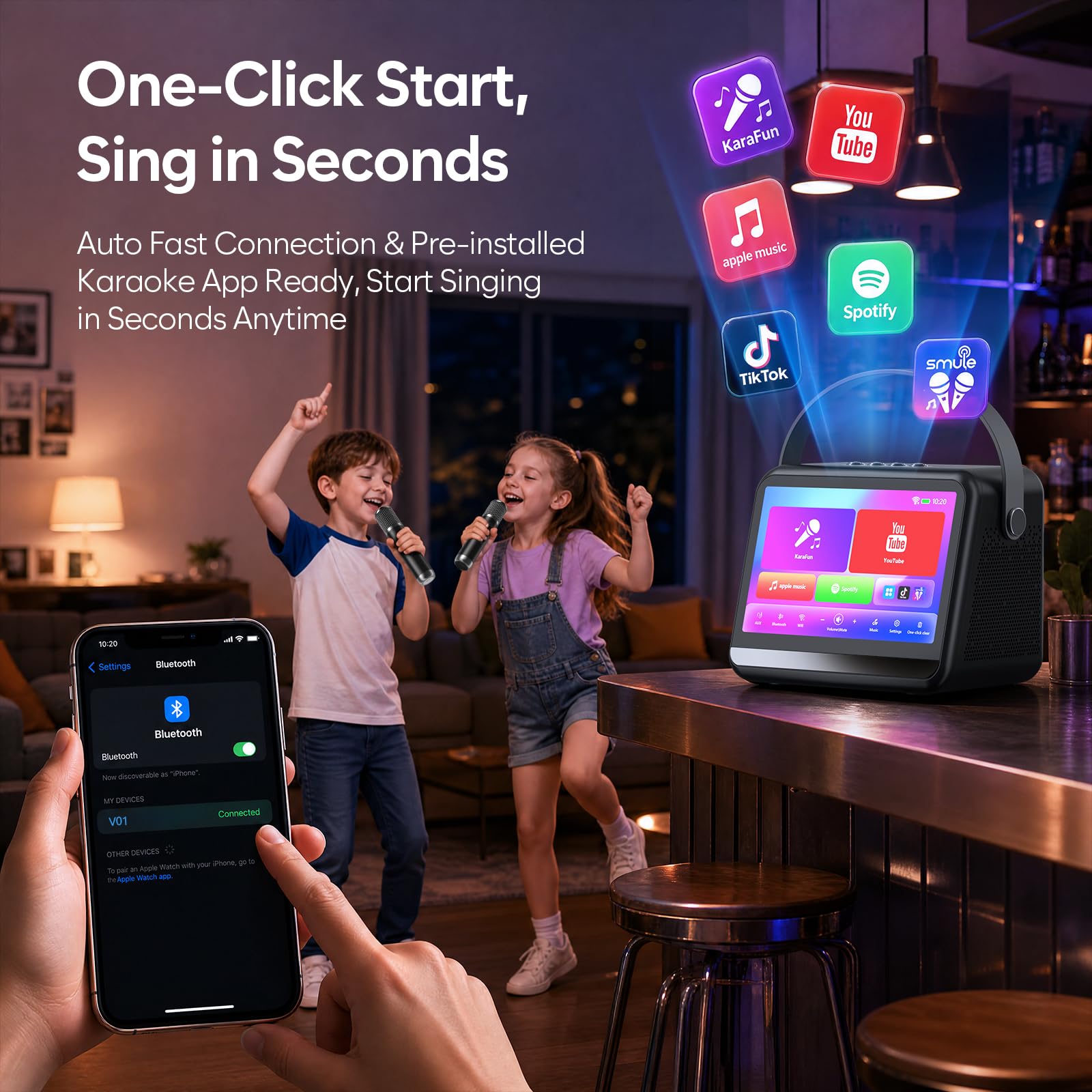Ankuka Karaoke - Máquina de karaoke con pantalla y pantalla integradas, compatible con Wi-Fi, Bluetooth, USB y tarjetas TF, dispositivo de karaoke portátil para fiestas en casa y reuniones familiares
