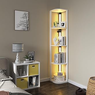 VTRIN Corner Shelf with Light, Floor Lamps with Shelves for Living Room, Small Space, Modern Home Decor Stand Sturdy 5-Tier Corner Bookshelf Cabinet Display Shelf for Collectibles, White