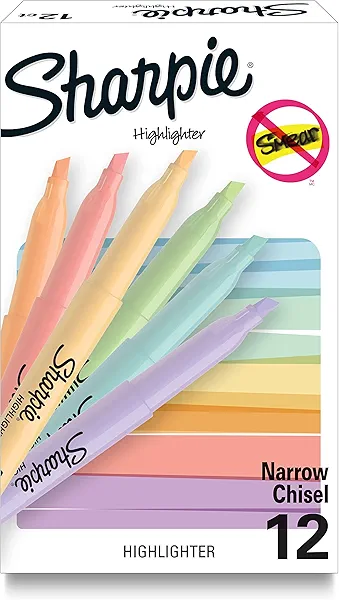 Sharpie Pocket Highlighters, Mild Pastel Colors, Assorted, Chisel Tip, 12 Count - School, Home, and Office Use, Teacher Supplies