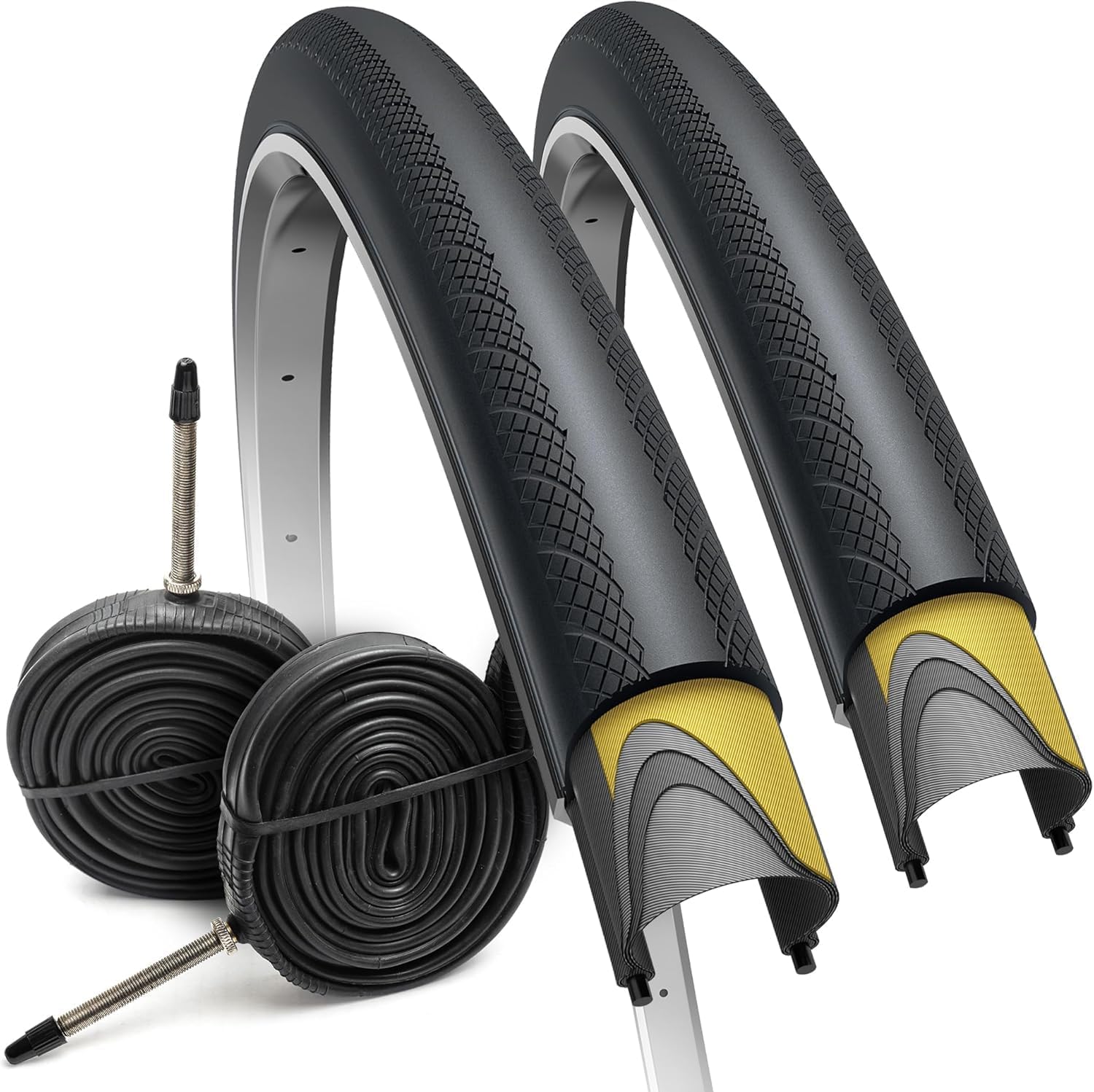 Fincci Kit 2 Copertoni Bici da Corsa 700x28c (28-622) e 2 Camere d'aria Presta 48mm – Pneumatici Pieghevoli 60 TPI – Peso 250g con Protezione Antiforatura 1mm – Ideali per Strada e Allenamento – Nero
