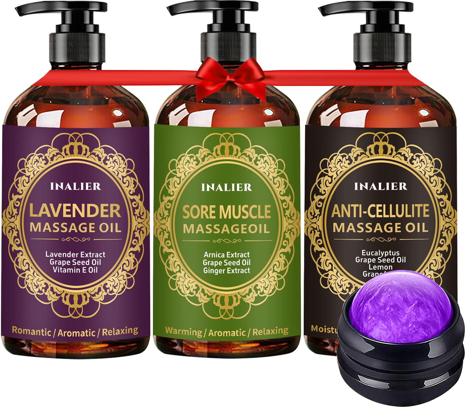 Massage Oil for Massage Therapy,3 Pack Cellulite,Sore Muscle & Lavender Massage Body Oil & Ginger Oil Lymphatic Drainage with Massage Ball,Christmas Gifts for Him/Her,Stocking Stuffers for Men/Women