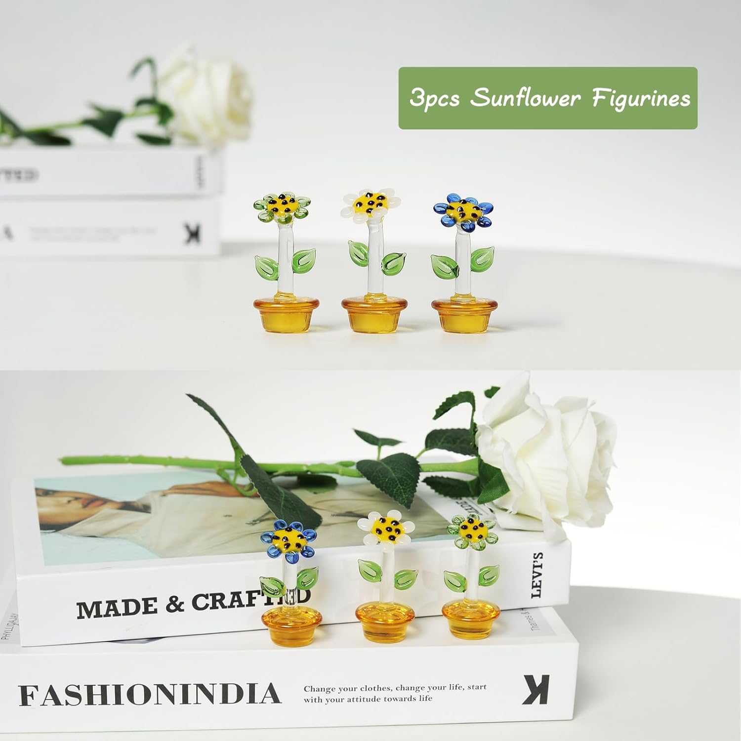 3pcs Mini Glass Flower Figurines Hand Blown Glass Sunflower Collectible Figurine Home Decor Ornaments Gift Idea for Birthday, Christmas - Image 3