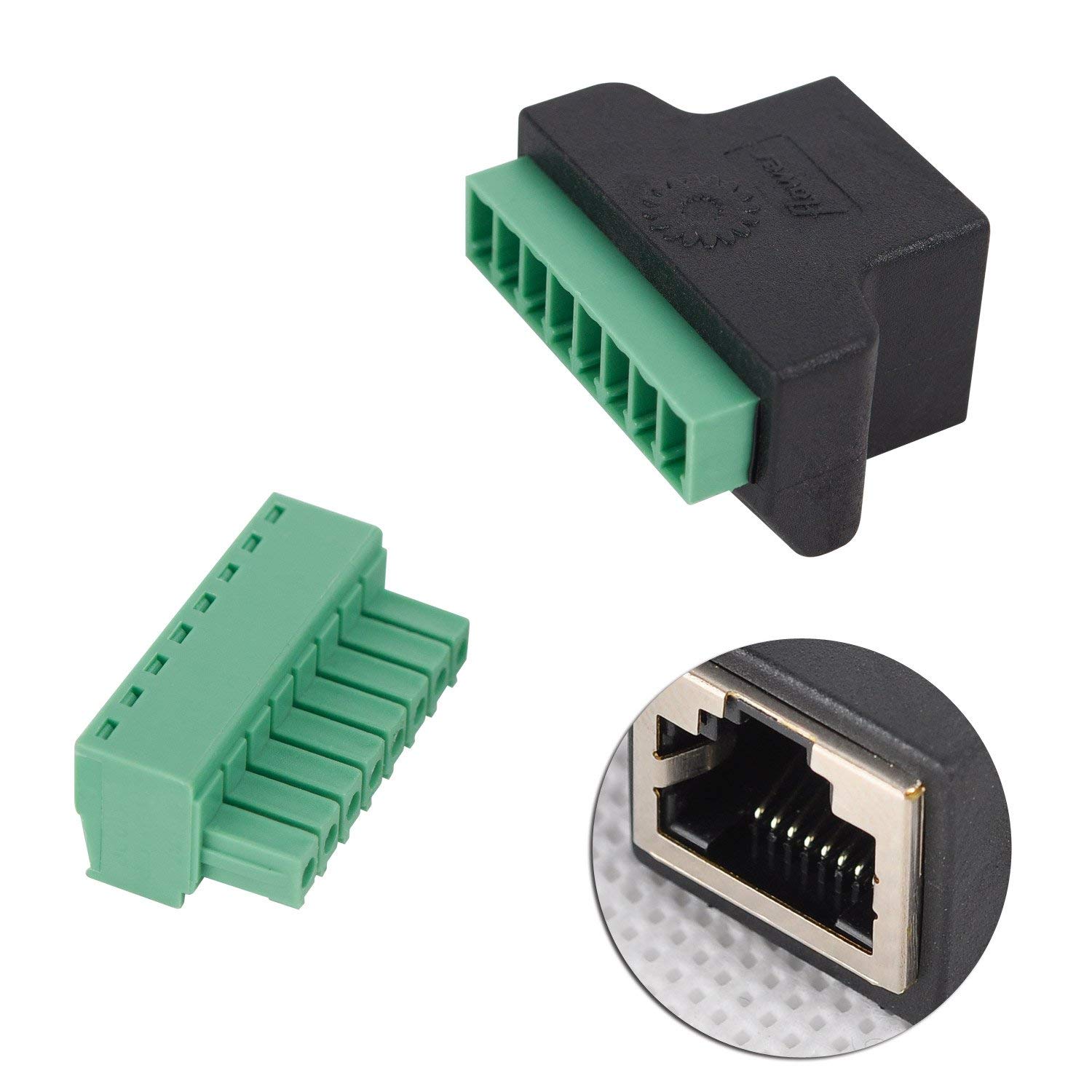 RJ45 żeńskie na 8-pinowe złącze zaciskowe śrubowe Cat7 Cat6 Cat5 Cat5e przedłużacz kabla Ethernet adapter CCTV cyfrowy DVR adapter sieciowy łącznik liniowy (żeński, 2 szt.)