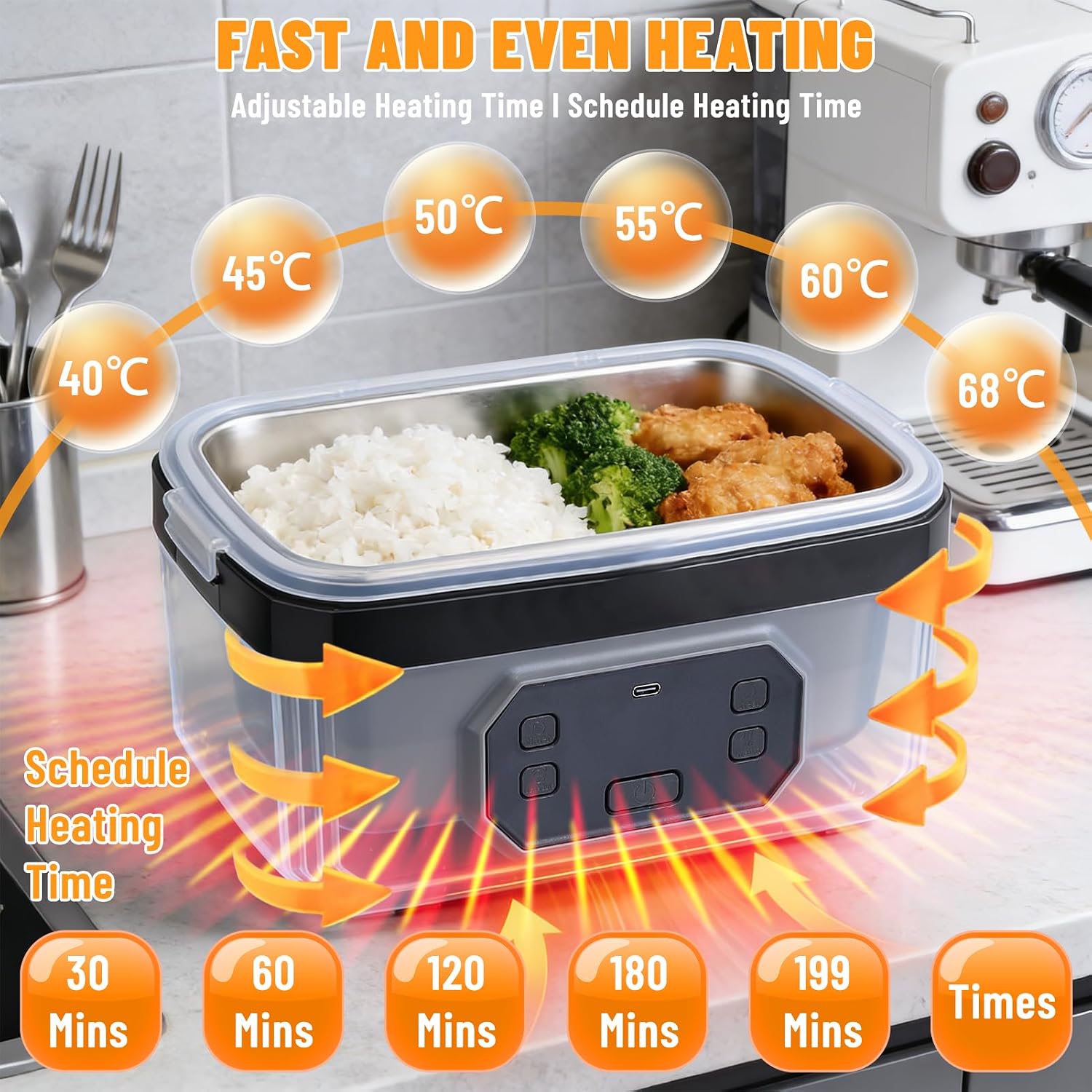 24000mAh Cordless Electric Lunch Box, 1.6L Rechargeable Heated Lunch Box with Scheduled Heating & 6 Temp Settings, Portable Food Warmer for Office, Job Site, Truck, Outdoor, No Microwave Needed