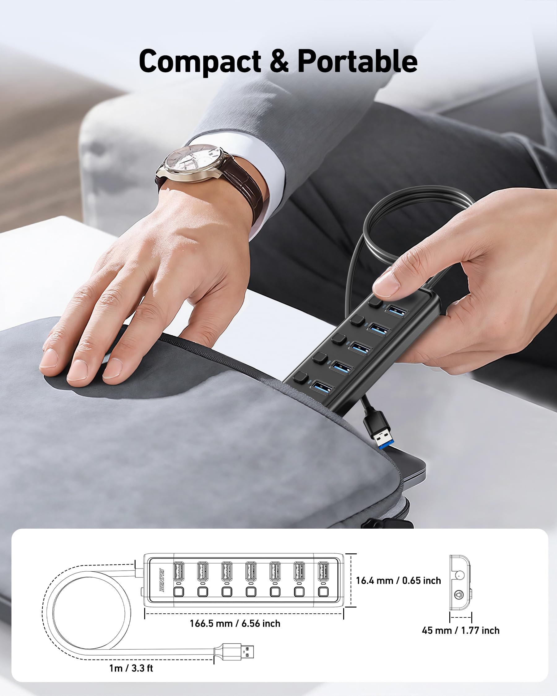 BENFEI Hub USB 3.0 7 Ports avec Câble 1 mètre Compatible MacBook Pro Air Mac Pro Mac Mini iMac Surface Pro XPS PC Clé USB Disque Dur Mobile