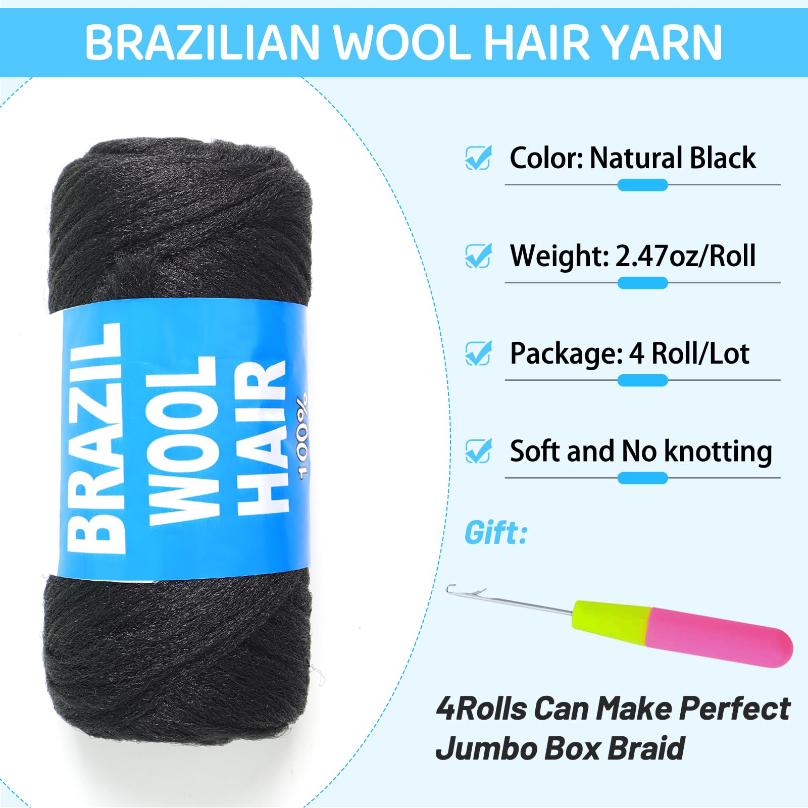 Ainimiu 4 Roll Brazilian Wool Hair for Braiding Faux Locs Crochet for Women Synthetic Braiding Hair Extensions - Image 2