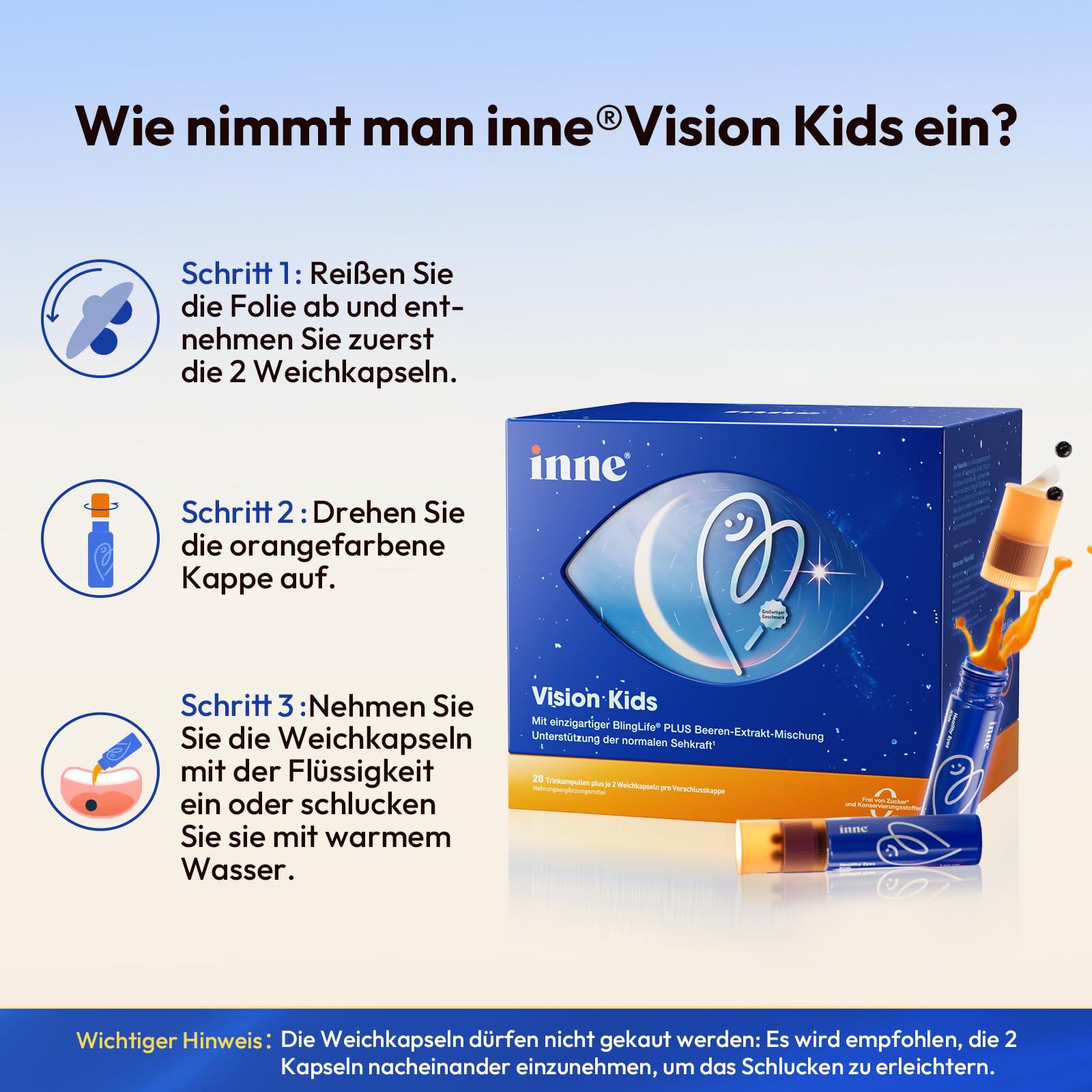 inne® Vision Kids Augenvitamine | mit 10 mg Lutein, 2mg Zeaxanthin, Vitamin A, Beeren- Augentrost-Extrakt | 20 Trinkampullen | Vegan | Nahrungsergänzungsmittel für Kinder ab 10 Jahren & Erwachsene