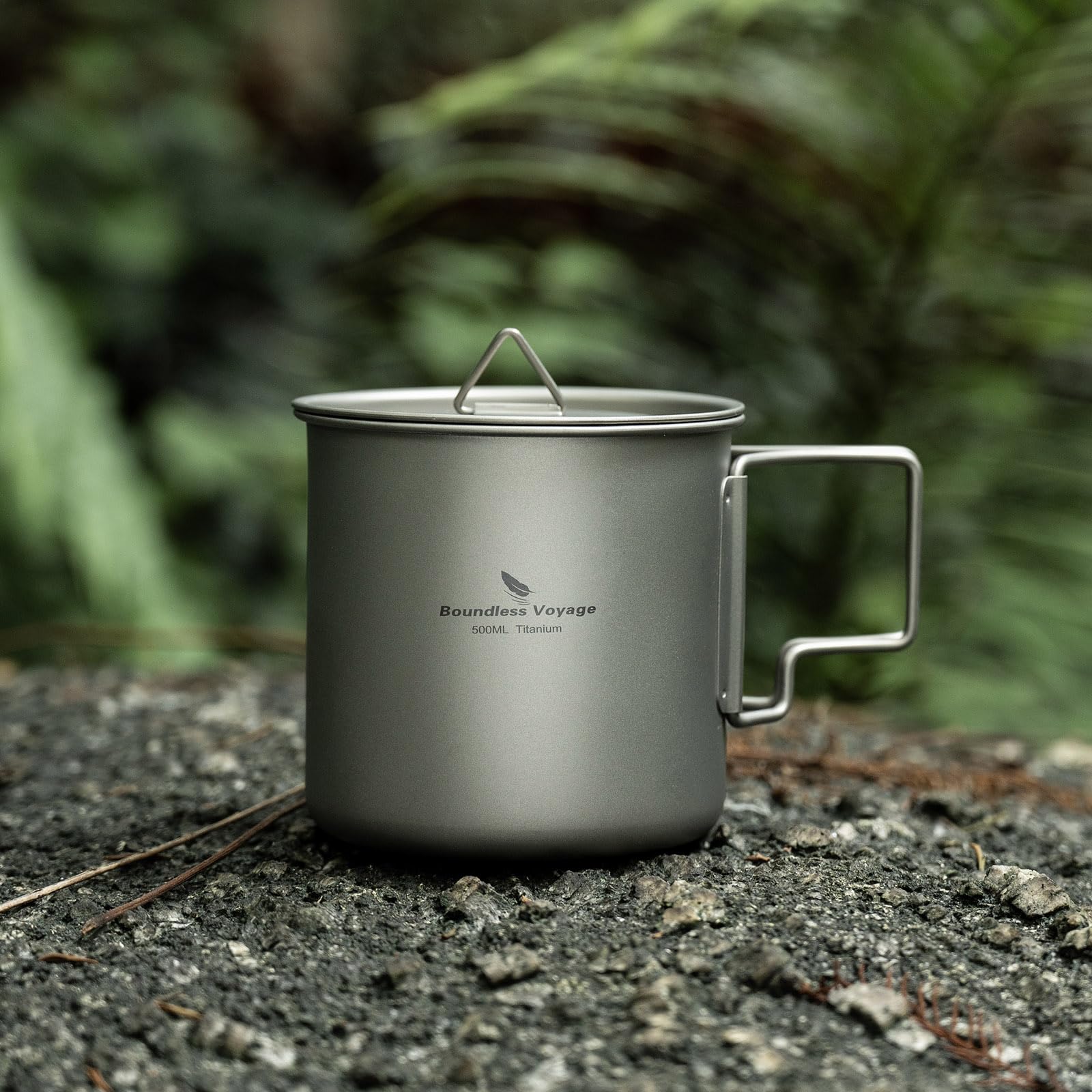 iBasingo US-Ti3059D Tasse en titane avec couvercle et poignée pliable à paroi simple pour le camping et la boisson en plein air 500 ml