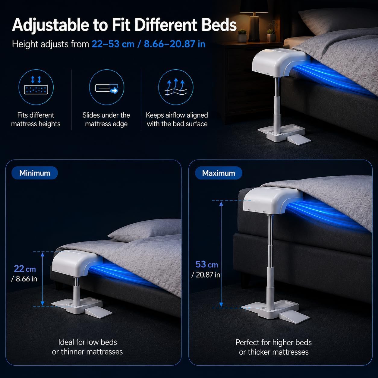 Système de refroidissement pour lit, ventilateur sous les draps avec 5 vitesses réglables, ventilateur rafraîchissant pour dormeurs ayant chaud et sueurs nocturnes