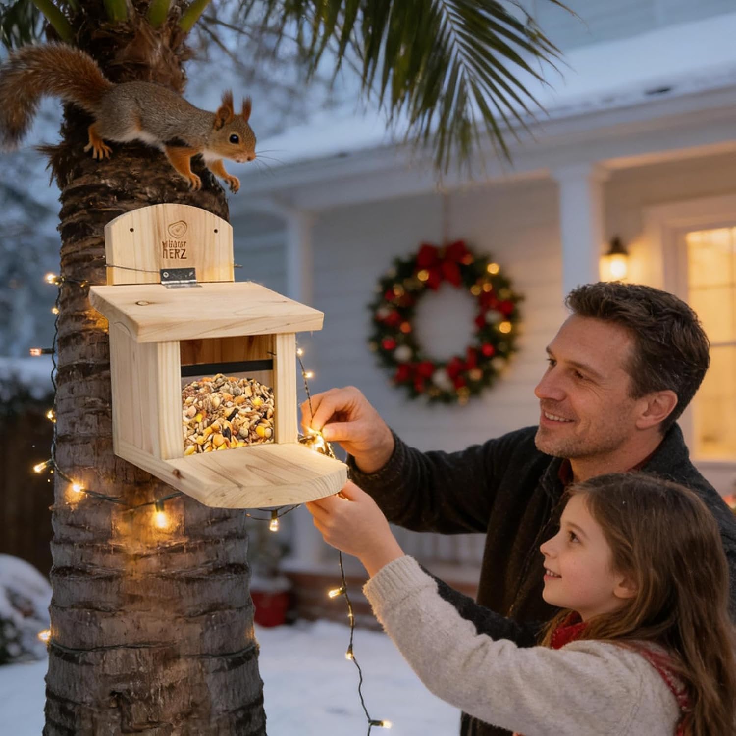 Squirrel Feeder for Outside,Wooden Gnaw Resistant Roof Feeding House - Gnaw Resistant Roof Squirrels Feeder with Extra Long Board - for Pets Wildlife Home Outdoor Garden Yard Patio Balcony Window