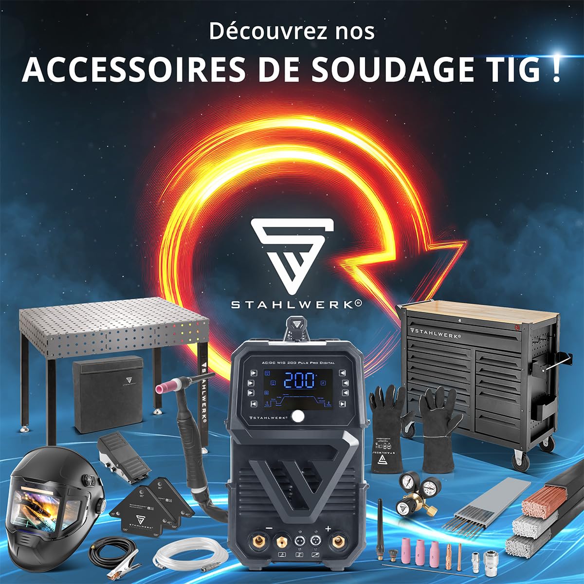 STAHLWERK Poste à souder combiné 3-en-1 AC/DC TIG 200 Puls CUT ST – TIG & MMA (ARC) jusqu'à 200 A, Découpe plasma jusqu’à 45 A et épaisseur de coupe jusqu’à 12 mm, acier inoxydable, cuivre, alu titane