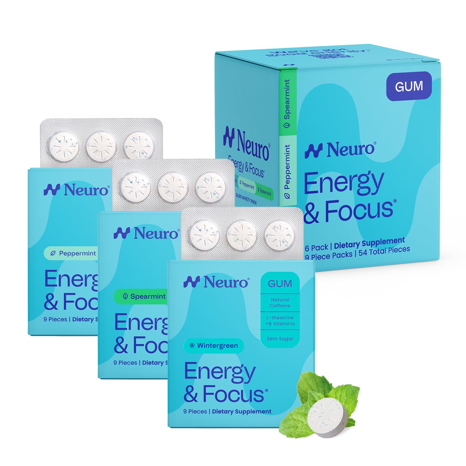 Variety Pack Gum - Energy & Focus Gum (Peppermint, Spearmint, Wintergreen) - Nootropic Supplement with Natural Caffeine + L-Theanine for Brain Health - Sugar Free, Vegan - 54 ct, 6 Pack