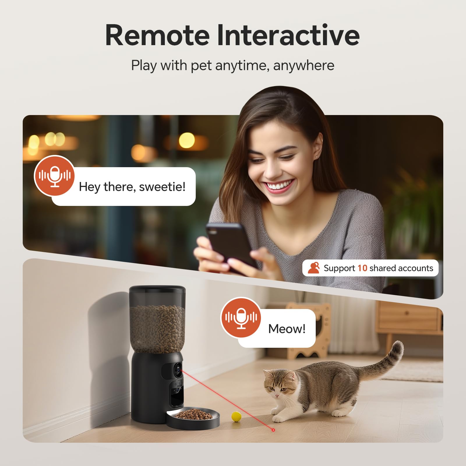 Automatic Cat Feeder with Dual 2K HD Camera, Smart Pet Food Dispenser for Timed Meals, APP Control Laser Interactive Toy Treat Feeders with 2.4G / 5G WiFi, Black