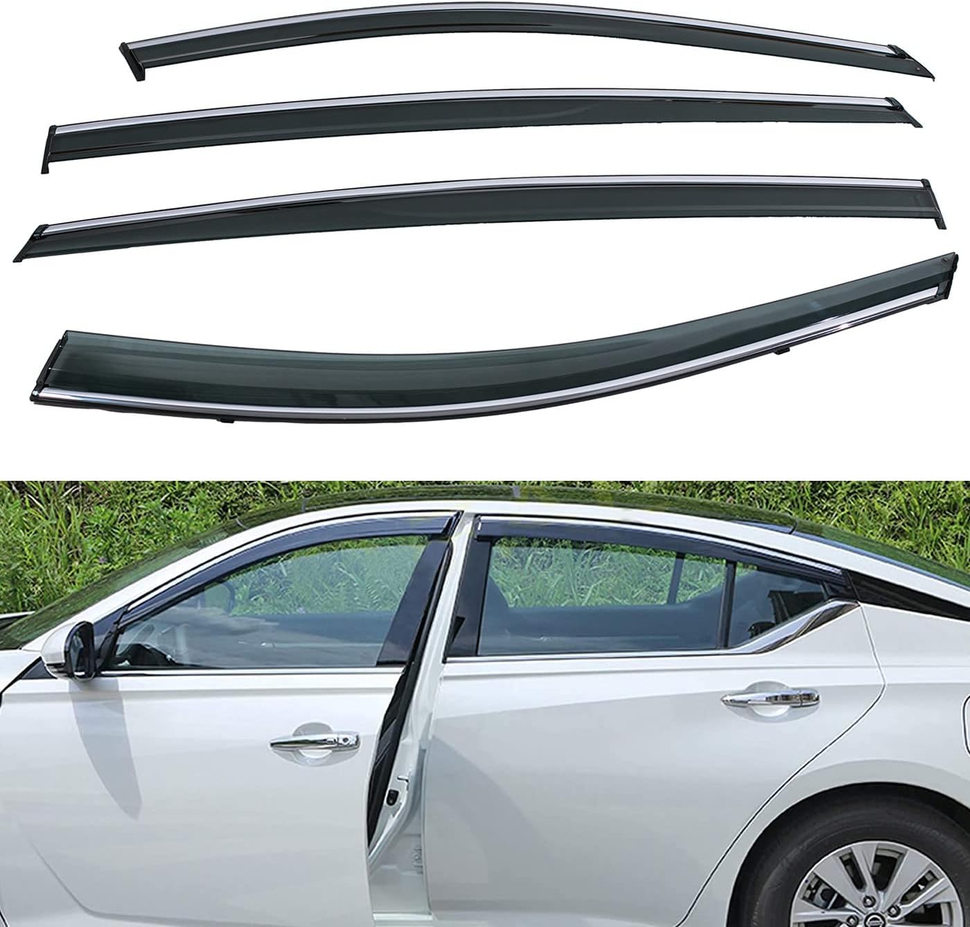 DEAL 4-Piece Set Outside Mount Tape On/Clip On Type Smoke Tinted Sun/Rain Guard Vent Window Visors With Chrome Trim Compatible With 2019-2022 Altima